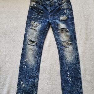 CJ Black Distressed Thrashed Paint Splatter Blue Straight Jeans Men's Size 32/32